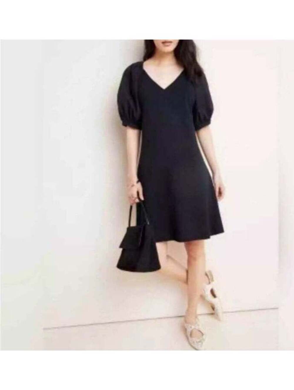 NEW Anthropologie Maeve Annika Poplin Puff Sleeve Knit Dress Black Womens XS
